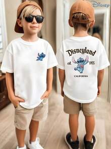 Kids' Disney Lilo & Stitch "Vintage Disneyland 1955" Double-Sided Graphic T-Shirt, Retro Stitch Tee, Soft Breathable Casual Top, Ideal For Theme Parks, Family Vacations, School, Playground & Everyday Wear - trắng - Xem 1