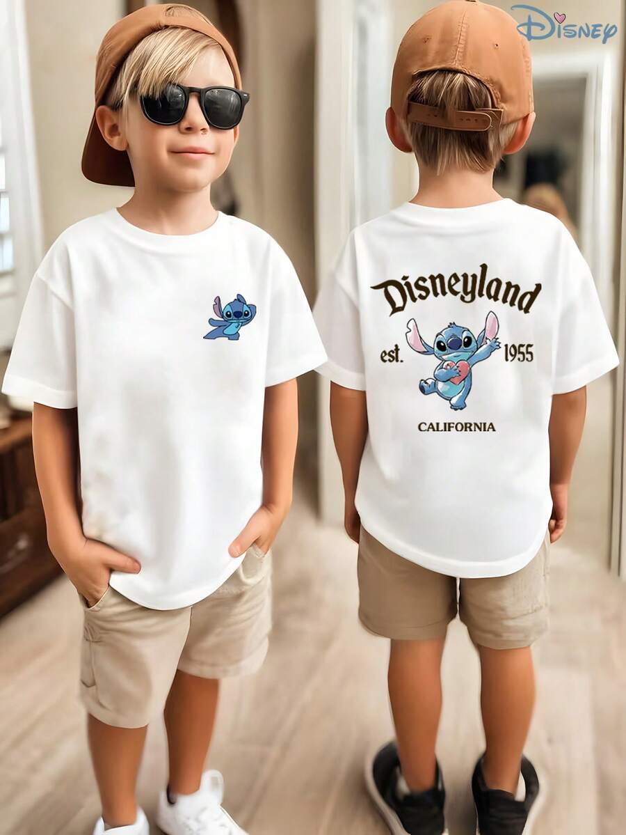 Kids' Disney Lilo & Stitch "Vintage Disneyland 1955" Double-Sided Graphic T-Shirt, Retro Stitch Tee, Soft Breathable Casual Top, Ideal For Theme Parks, Family Vacations, School, Playground & Everyday Wear - trắng - Xem 1