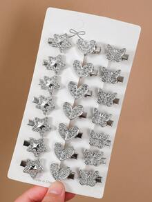 18pcs/Set Silver Rhinestone Heart/Star/Butterfly Hair Clips, Bangs Clips, Hairpins For Girls, Versatile Daily Use - Silver - View 3