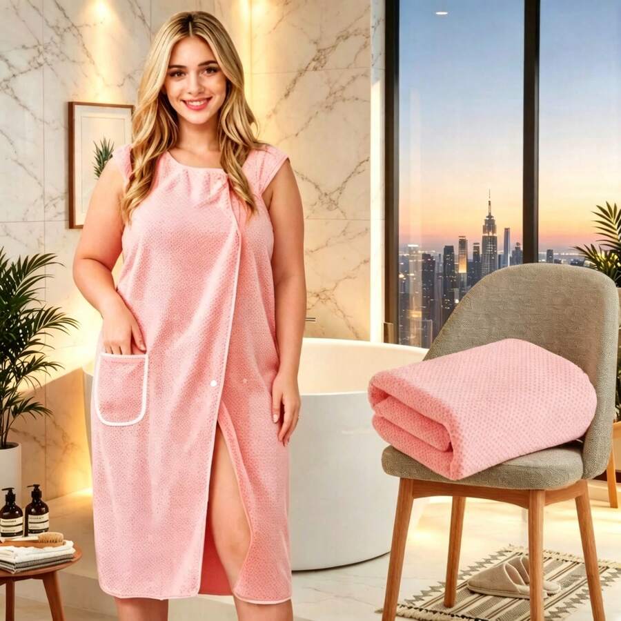 Plus Size Pink Coral Fleece Wearable Towel Dress, Super Soft Quick Dry Bathrobe With Pocket, Plush Loungewear For Women Spa Pool Beach - Hồng - Xem 1