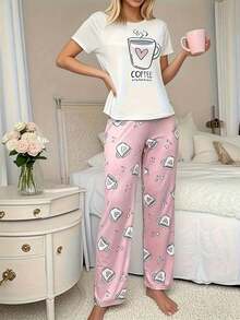 Plus Size Women's Sleepwear, Short Sleeve Nightgown With Round Neck And Coffee Cup And Heart Print, Soft And Breathable For Spring/Autumn/Summer - Casual, Breathable And Comfortable Sleepwear. - 白色 - 查看 5