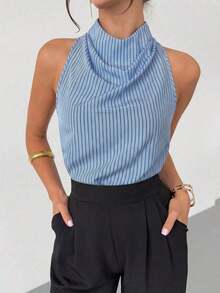 negra ajustada de estilo casual y elegante para la temporada de primavera/verano, con cuello asimétrico, sin mangas, escote halter, espalda descubierta y decoración de lazo - Azul y blanco - Ver 3
