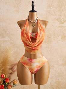 Bellisia Conjunto de bikini de 3 piezas con falda estampada de flores naranjas románticas para vacaciones de primavera/verano - Multicolor - Ver 4