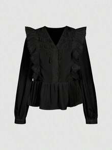 ii Blusa de manga larga con volantes, parches de encaje y unicolor casual blanca para primavera - Negro - Ver 4