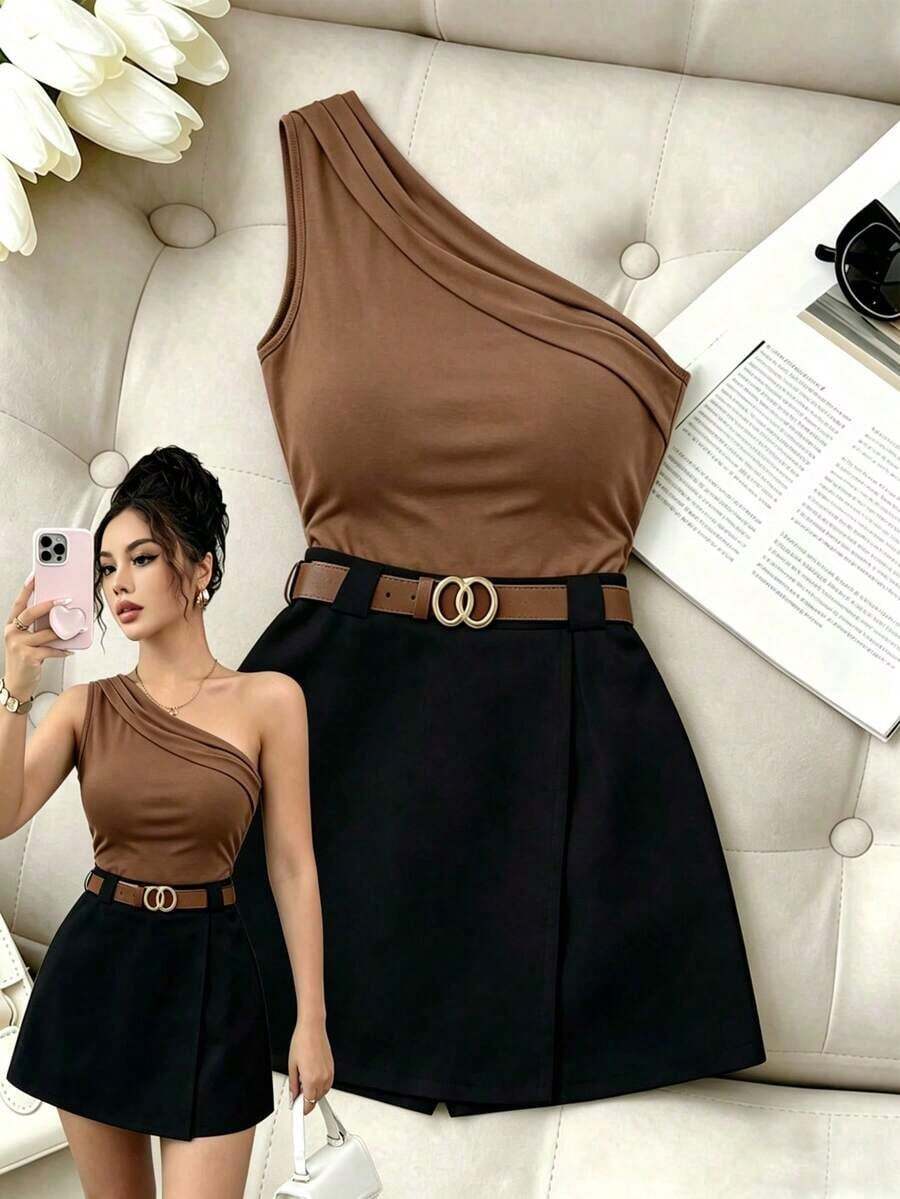 Nuevo conjunto de 2 piezas de primavera/verano con diseño de moda francés chic: top ajustado de tirantes con pliegues en los hombros en color marrón + shorts de pierna ancha elásticos en la cintura en color negro, conjunto casual para uso diario y - Multicolor 2 - Ver 1