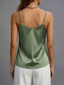 1 pieza Camiseta de satén sin mangas de verano para mujer, elegante top sin espalda de moda, adecuado para verano, citas por la noche, oficina, vacaciones, uso casual diario - Verde - Ver 4
