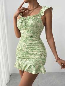 Vestido con estampado floral, volantes y bajo sexy para mujer - Verde - Ver 5