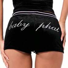 BABYPHAT Women's Velour Booty Shorts With Ribbed Waistband And Script Print For Casual Lounge Wear And Streetwear Style - Negro - Ver 1