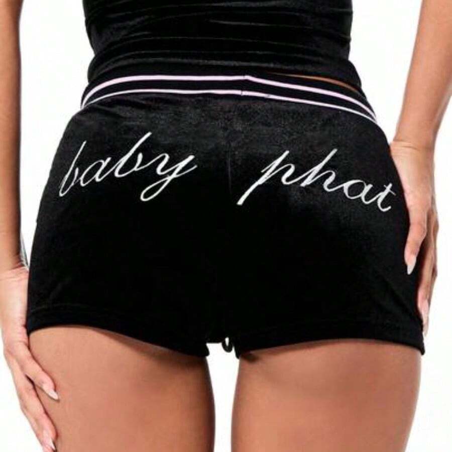 BABYPHAT Women's Velour Booty Shorts With Ribbed Waistband And Script Print For Casual Lounge Wear And Streetwear Style - Negro - Ver 1
