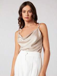 Top de satén sin mangas para mujer, elegante y romántica de unicolor, para uso casual y de negocios, adecuada para oficina, diario, otoño - Beis - Ver 3