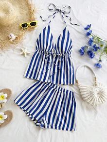 Conjunto de 2 piezas de vacaciones para mujer, top de tirantes con escote en V con textura rojo y shorts sueltos extremadamente cortos, adecuado para citas, fiestas y paseos por la ciudad - Azul y blanco - Ver 8