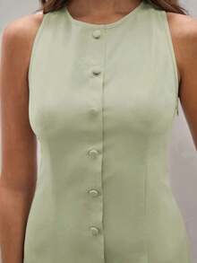 1 pieza Vestido casual mini de mujer de un solo botón, cuello redondo, sin mangas, de un solo color - Verde - Ver 6
