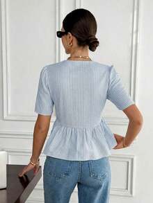 Blusa casual de mujer con rayas y lazo, Blusa de manga corta a rayas elegante para mujer, Decoración de lazo negro vintage, Diseño holgado y estilizante con volantes, Camisa color albaricoque, Verano para mujer, Blusa para salir, Playa para mujer, - Azul - Ver 2