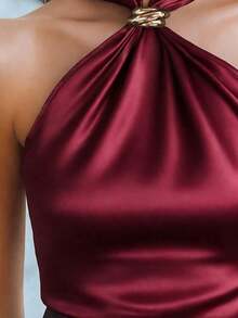 Nueva Blusa Primavera/Verano para Mujer Joven, Diseño de con Tirantes Finos, Decoración con Hebilla Metálica, Blusa Satinada Suave y Cómoda de Lujo en Color Blanco Casual - Burdeos - Ver 4