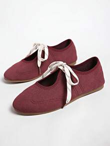 New Spring/Autumn British Style Fashion Low Vamp Ballet Flat Lace-Up Casual Mary Jane Shoes - Burgundy - View 9
