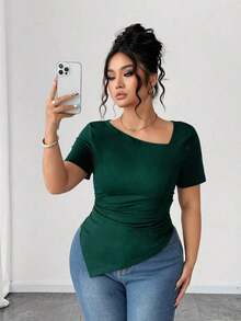 Camiseta de manga corta de cuello asimétrico para mujer talla grande, top ajustado versátil y elegante de alta gama, adecuado para primavera/verano - Verde Oscuro - Ver 8