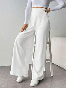 Pantalones anchos de cintura alta con textura, de moda minimalista y casual, ideales para volver al colegio - Blanco - Ver 6