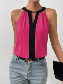 Blusa con cuello en forma de ojo de cerradura y ribete de contraste, parte superior para salir - Rosa Fucsia - Ver 5