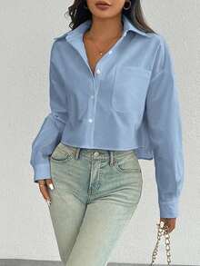 Camisa casual de manga larga con bolsillo, de ajuste suelto y hombros caídos, de unicolor, para primavera/verano, Top de manga larga - Azul - Ver 4