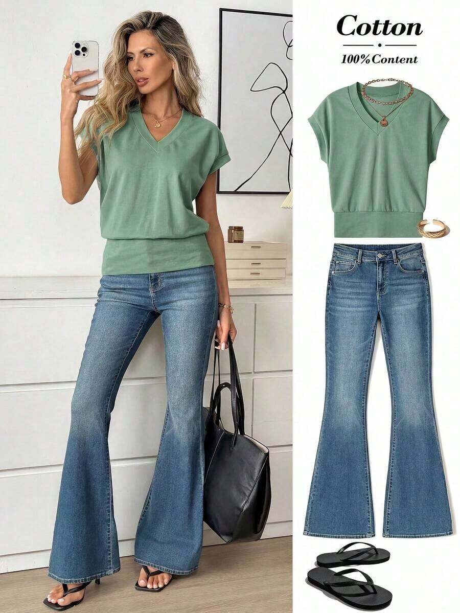 Camiseta casual de mujer de unicolor con cuello en V, mangas cortas tipo murciélago, para usar con vaqueros - Verde - Ver 1