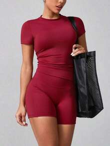 Conjunto deportivo de verano para mujer de unicolor simple con pantalón corto y manga corta - Burdeos - Ver 2