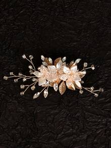 1pc Handmade Floral & Leaf Design Alloy Bridal Hair Clip Headpiece For Women - Gold - View 6