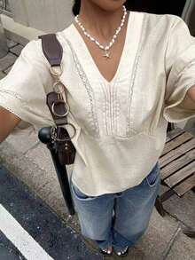 Camisa de mezcla de lino con encaje a rayas para mujer - Albaricoque - Ver 4