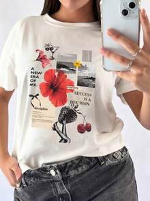 Camiseta Casual de Mujer de Punto con Manga Corta, Hombros Caídos y Cuello Redondo de Longitud Regular UKZC - Blanco - Ver 1