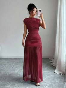 Nuevo vestido largo de moda con cuello alto, sin mangas, rojo sólido, con diseño sexy de malla calada y plisados en corte evasé, adecuado para graduación, eventos festivos y citas - Burdeos - Ver 3