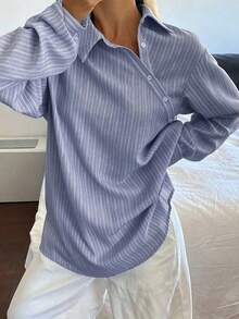 Camisa holgada de mujer con rayas y cuello de solapa - Niebla azul - Ver 3
