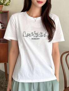 Camiseta de manga corta  con estampado de dibujos animados y letras, estilo preppy, informal. - Blanco - Ver 3