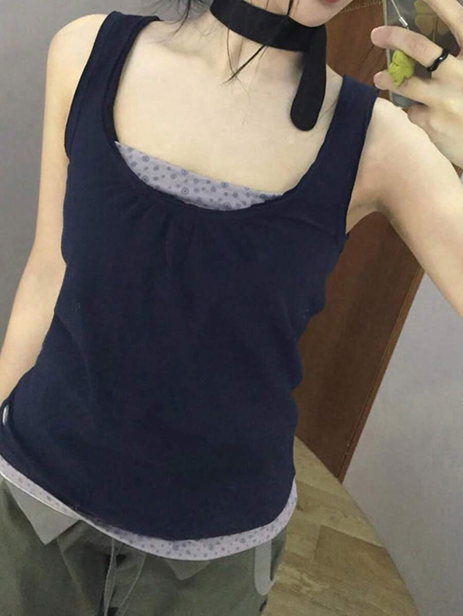 女士波点加垫吊带针织露脐上衣 - 藏蓝色 - 查看 1