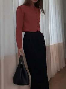 Blusa corta de manga larga con cuello mao y botones, elegante blusa delgada de unicolor, estilo chino moderno para mujer - Burdeos - Ver 2