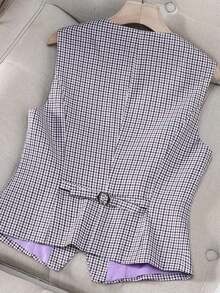 Chaleco casual de mujer con botones frontales y bolsillos, de tela tejida a cuadros, para primavera, otoño y verano - Lila Púrpura - Ver 5