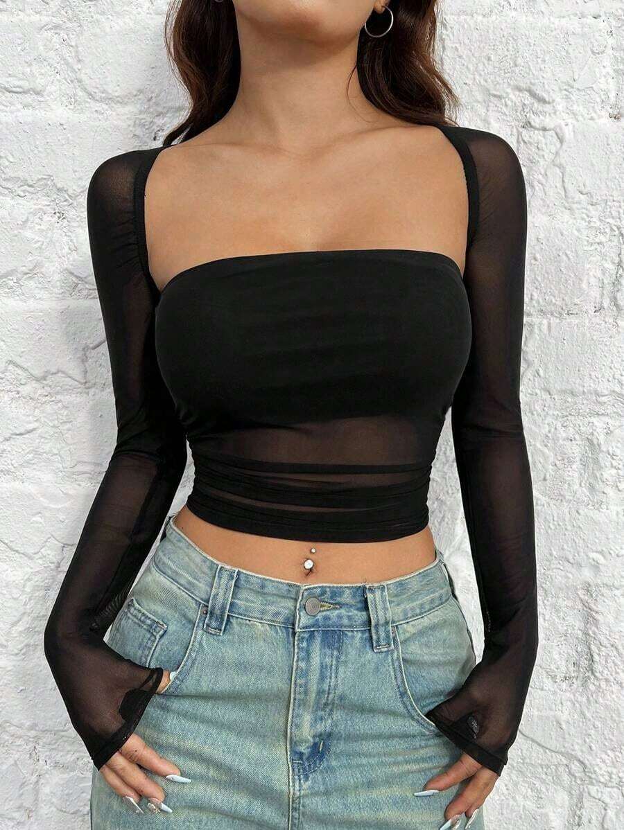 Playera De Malla Negra Y Ajustada Para Mujer - Negro - Ver 1