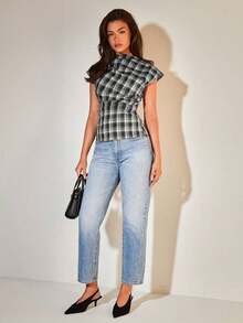 Blusa plisada con cuello para mujer, elegante para la oficina, artículo de moda versátil, adecuado para el trabajo, salidas casuales, fiestas, con estampado de cuadros marrones - Negro - Ver 3