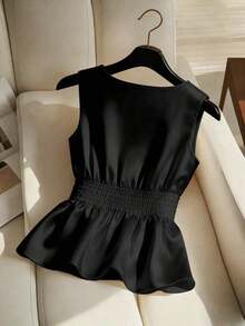 Blusa ajustada sin mangas con cuello y detalles de perlas falsas para mujer - Negro - Ver 2