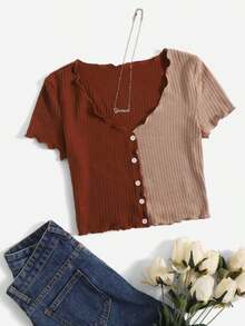 Camiseta casual de mujer con botones, mangas cortas y volantes de color contrastante - Marrón - Ver 6