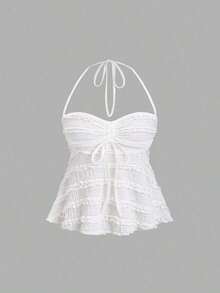 Top de tirantes con cuello halter y pliegues en Y2K - Blanco - Ver 7