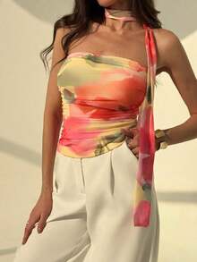elegante y romántica con estampado de flores y teñido anudado, con volantes sin tirantes.Blusa floral romántica para verano, primavera, fiestas de San Valentín, playa y salidas - Multicolor 4 - Ver 6