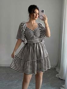 Elenzya Vestido de primavera y verano de talla media con rayas azules y blancas, manga corta, elegante y casual, con cintura ajustada para mujeres - Blanco y Negro - Ver 7