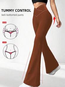 Pantalones acampanados con cintura cruzada para mujer, pantalones deportivos y de yoga de unicolor de poliéster de alta elasticidad, pantalones casuales largos con cintura cruzada, mallas ajustadas de unicolor para entrenamiento, pantalones de pierna ancha de tejido de punto adecuados para fitness y uso casual, negro, primavera - Marrón - Ver 9