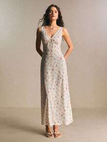 Vestido de verano con escote en V sin mangas con estampado floral diminuto para vacaciones en la playa - Blanco - Ver 4
