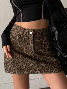 Falda vaquera casual con botones delanteros y bolsillos con estampado de leopardo - Marrón 5 - Ver 6