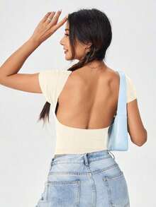 Camiseta casual de mujer de cuello de pico, manga corta y ajustada, versátil - Albaricoque - Ver 3