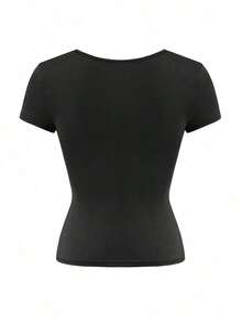 Camiseta de manga corta ajustada y sexy con cuello cuadrado de punto de unicolor para mujer Vaiaye, top de activewear para primavera/verano, adecuado para el Día de San Valentín en color rojo casual - Negro - Ver 4