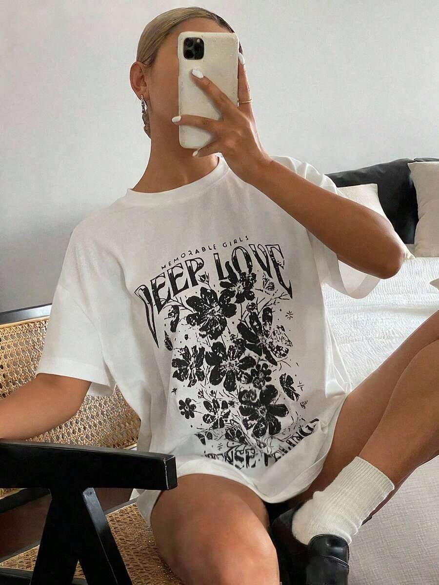 Loose And Casual Summer T-Shirt With Letter Print And Contrasting Lace, Oversized Graphic T-Shirt With Floral Print - Vintage Street Style Unisex Loose Cotton Short Sleeve Crew Neck T-Shirt. Blouses For Women. Casual Blouses For Ladies. - 白色 2 - 查看 1