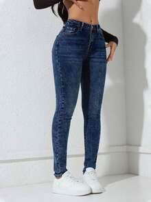 Jeans vaqueros de mujer ceñidos con bolsillos, informales y versátiles - Azul lavado oscuro - Ver 2