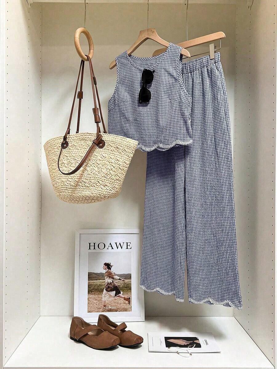 Frenchy Conjunto de 2 piezas de top sin mangas de cuello redondo a cuadros y pantalones para mujer - Azul marino - Ver 1