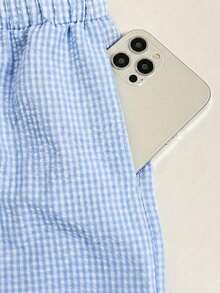 Frenchy Conjunto de 2 piezas de top sin mangas de cuello redondo a cuadros y pantalones para mujer - Azul y blanco - Ver 5